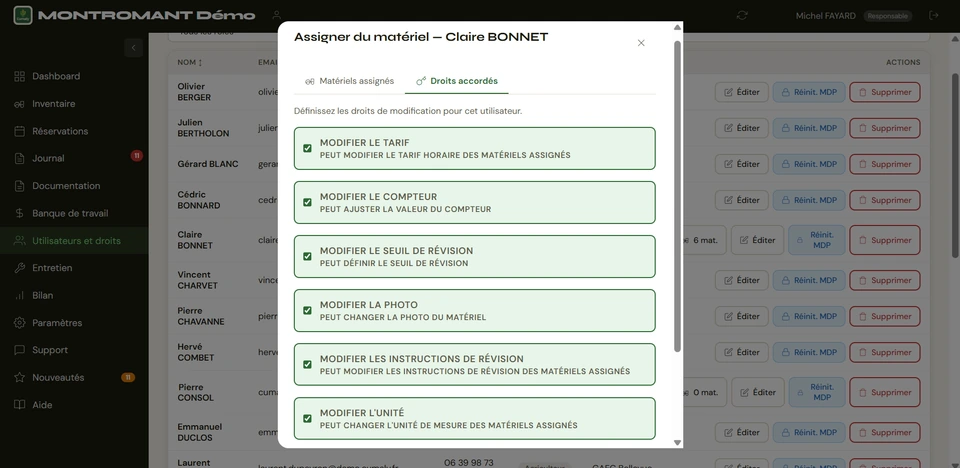 Attribution d'une machine à un responsable avec ses droits détaillés.