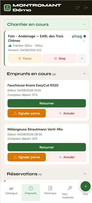 Chantier chronométré en cours sur un téléphone, avec les commandes pause et arrêt.