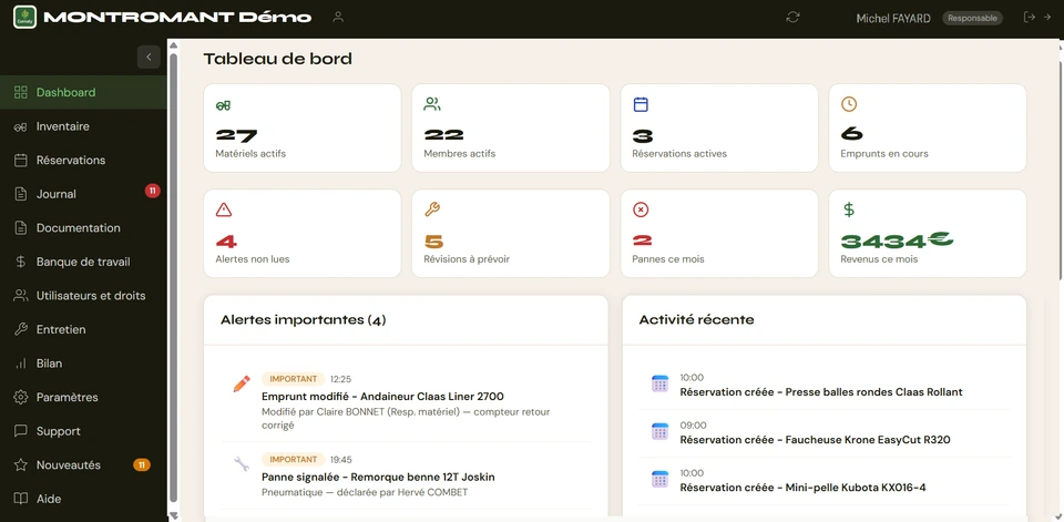 Tableau de bord du responsable de CUMA avec les alertes de révision.