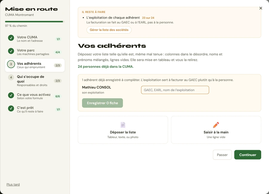 Halte des adhérents : dépôt de la liste des membres, et rappel des exploitations manquantes.