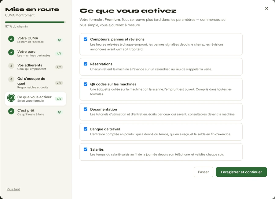 Halte des options : les modules disponibles selon la formule, chacun avec une case à cocher.
