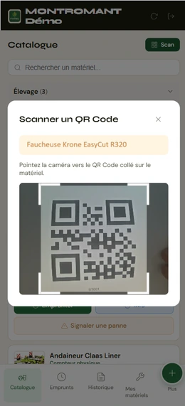 Écran de scan du QR code collé sur la machine.