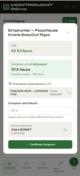 Relevé du compteur avant l'emprunt, avec le tarif et les prochaines réservations.