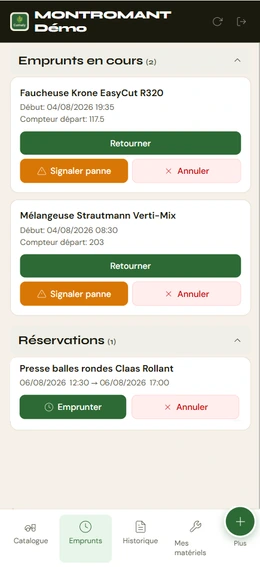 Confirmation de l'emprunt et liste des matériels en cours.