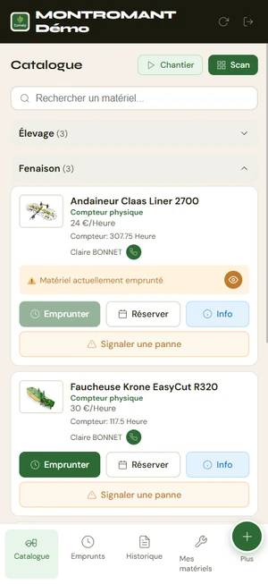 Fiche d'un matériel indiquant qu'il est emprunté, avec le nom du responsable et un bouton d'appel.